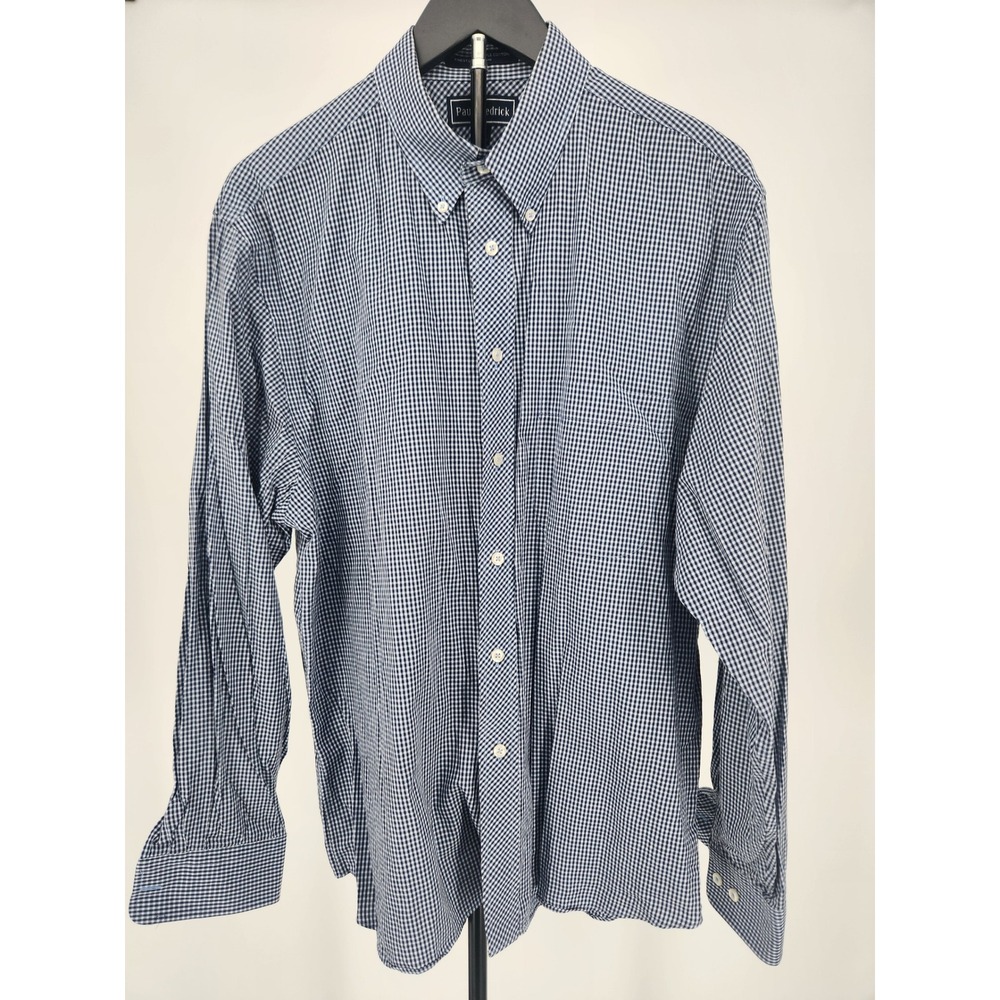 Paul Fredrick Mens Navy Blue Gingham Cotton Button Down Shirt Large Long Sleeve